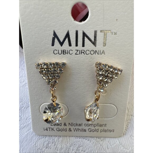Mint Lead Nickel Free 14K Gold & White Gold CZ Earrings Triange Drop NEW - Picture 3 of 7